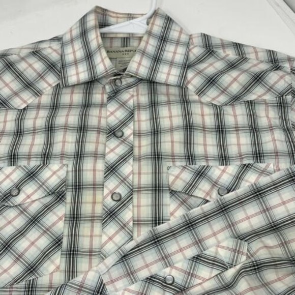 Banana Republic Other - Banana Republic Men's Western Pearl Snap L/S shirt SZ M White Red Black Plaid